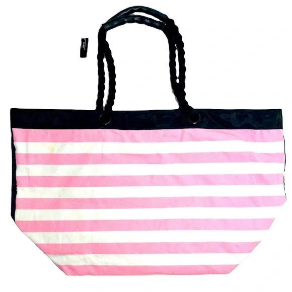 Victoria’s Secret Tote Travel Bag Overnight Weekender Stripes Pink White Black - Picture 4 of 14